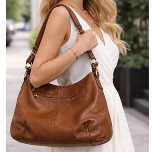 Katte Brown Leather Shoulder Bag Gold Hardware Zip Top Purse READ